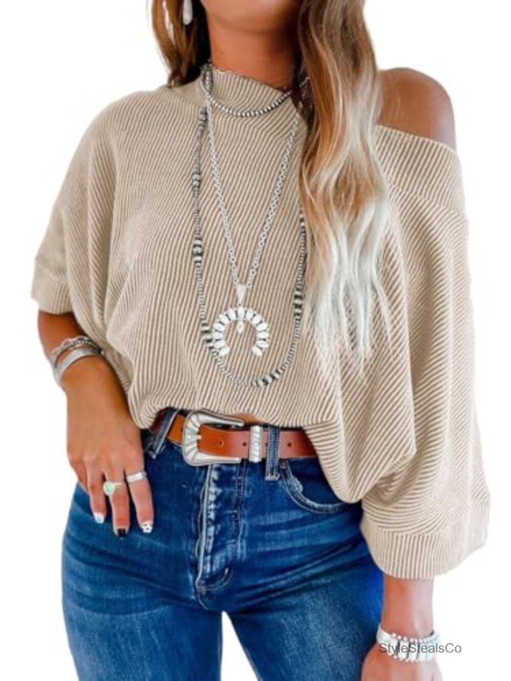 Off Shoulder Top 3/4 Sleeve Batwing Blouse Loose Knit